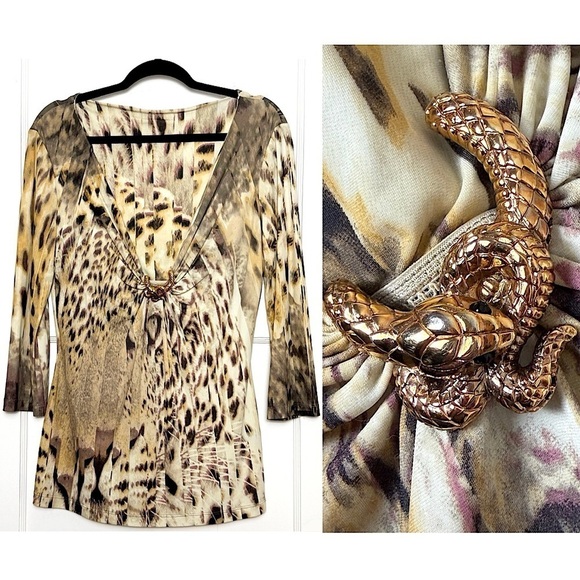 ROBERTO CAVALLI Leopard Print Plunge V-Neck Gold Snake Brooch 3/4 Sleeve Top L - Picture 1 of 7
